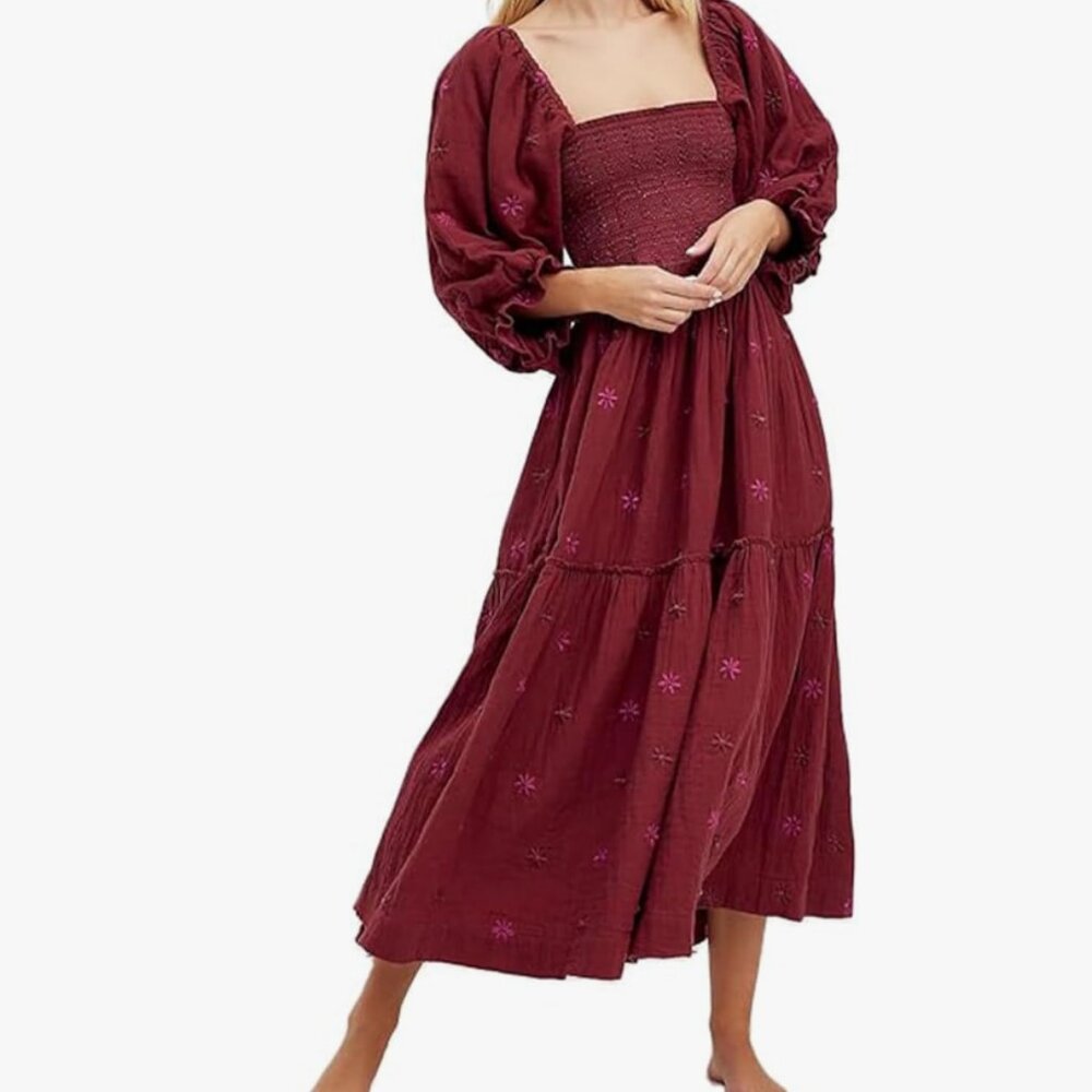 Fall Floral Embroidered Boho Maxi Dress – Long Puff Sleeve